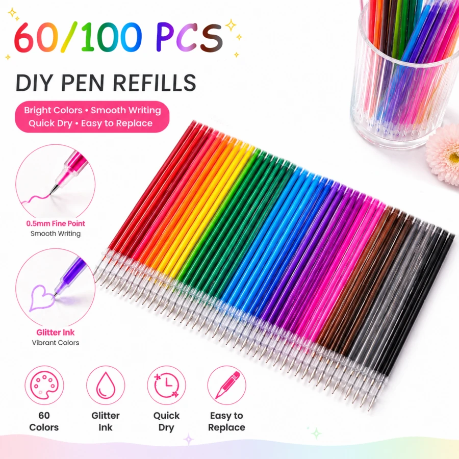 Multicolor Glitter Gel Pen Refills, Quick Dry Smooth Writing Fine Tip Ink Refills, Glitter Gel Pen Refills, Smooth Writing Fine Point Refills For Drawing, Scrapbooking And CraftsLarge Capacity Replacement Refills For Drawing, Coloring - Multicolor - View 1