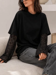 1件女款黑色純色春夏秋日常休閒購物派對舒適時尚寬鬆慵懶通勤返校季公園音樂節蕾絲拼接長袖基本款T恤 - 黑色 - 查看 4