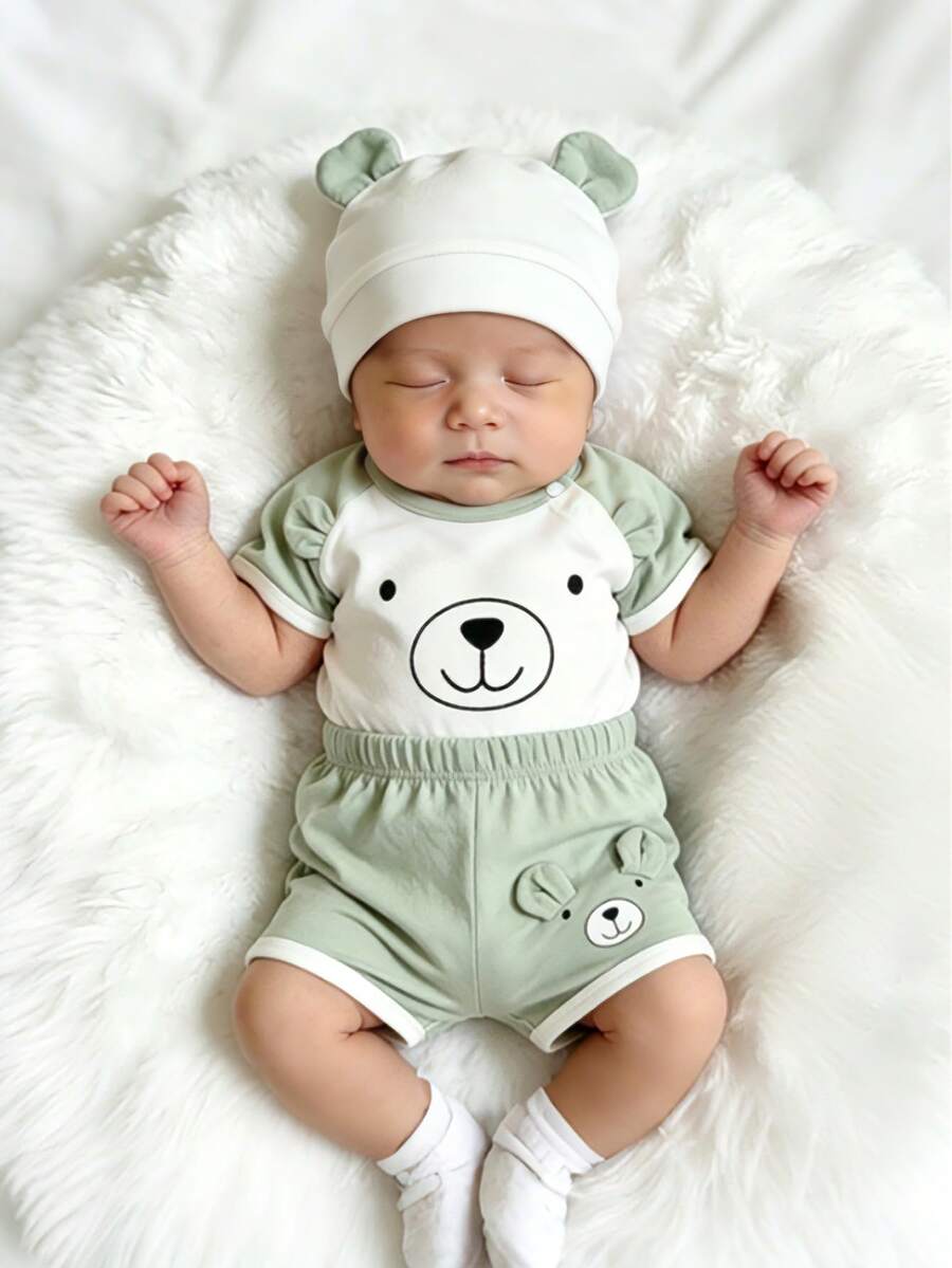 3pcs Baby Outfit Set, Newborn Bear Design Short Sleeve Bodysuit (With Snap Closure Collar) + Shorts + Ear Hat, Suitable For Infant Daily Wear