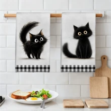 MEMNUN 2pcs Black & White Plaid Fluffy Black Cat Cartoon Long Hair Cat Print Kitchen Towels Dish Towels 40*60cm/45*70cm Super Soft Microfiber Modern Dish Cloths, Hand Towels, Home Decor, Kitchen Decor Cooking Baking Tea Towels Hand Towels Kitchen Accessories Machine Washable Cleaning Supplies Suitable For Restaurant Kitchen Holiday Decoration And Gifts All Seasons - Multicolor - View 6
