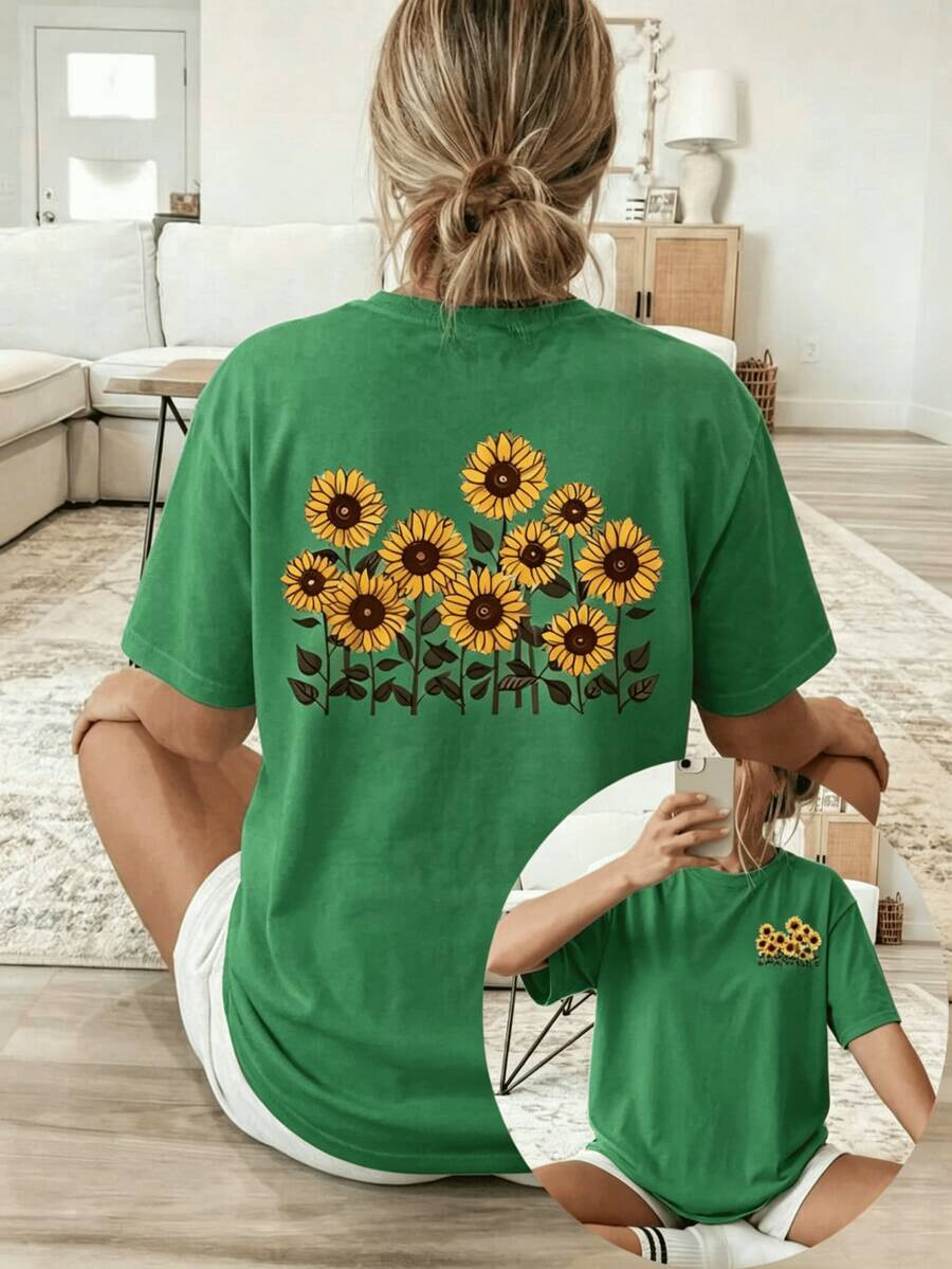 Women's Cotton T-Shirt, Round Neck, Short Sleeves, With Sunflower Print. Breathable, Comfortable, Casual And Bohemian Style, Ideal For Spring And Summer, Everyday Wear. - 綠色 - 查看 1