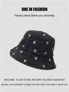1pc Women's Light Blue Daisy Print Denim Bucket Hat - Gem Black - View 13