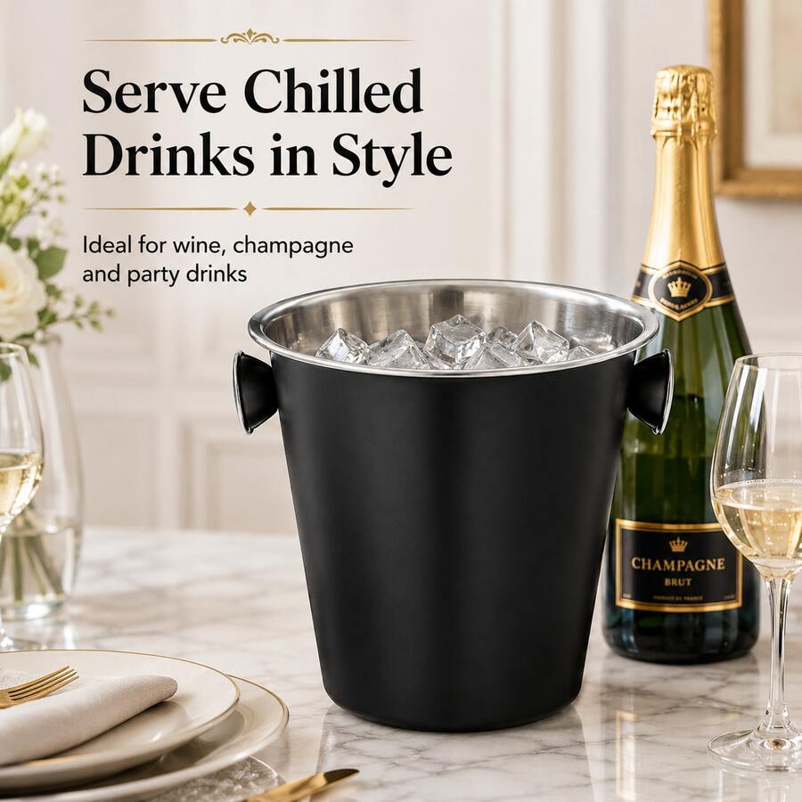 25cm Beverage Ice Bucket, Black Body With Stainless Steel Inner Liner, Desktop Ice Bucket With Side Handle - View 1