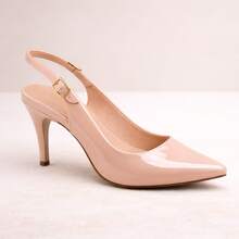 Scarpin Feminino Slingback Verniz Salto Médio 7cm Bico Fino Clássico  Casual    Escritório - Bege - Visão 9