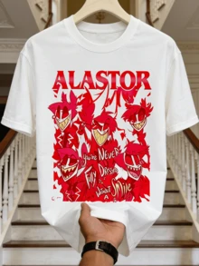 Herren Sommer Lässig weiches Rundhals Kurzarm-Shirt, roter Cartoon Dämon Muster Grafik Alltagskleidung. - Weiss - Übersicht 4