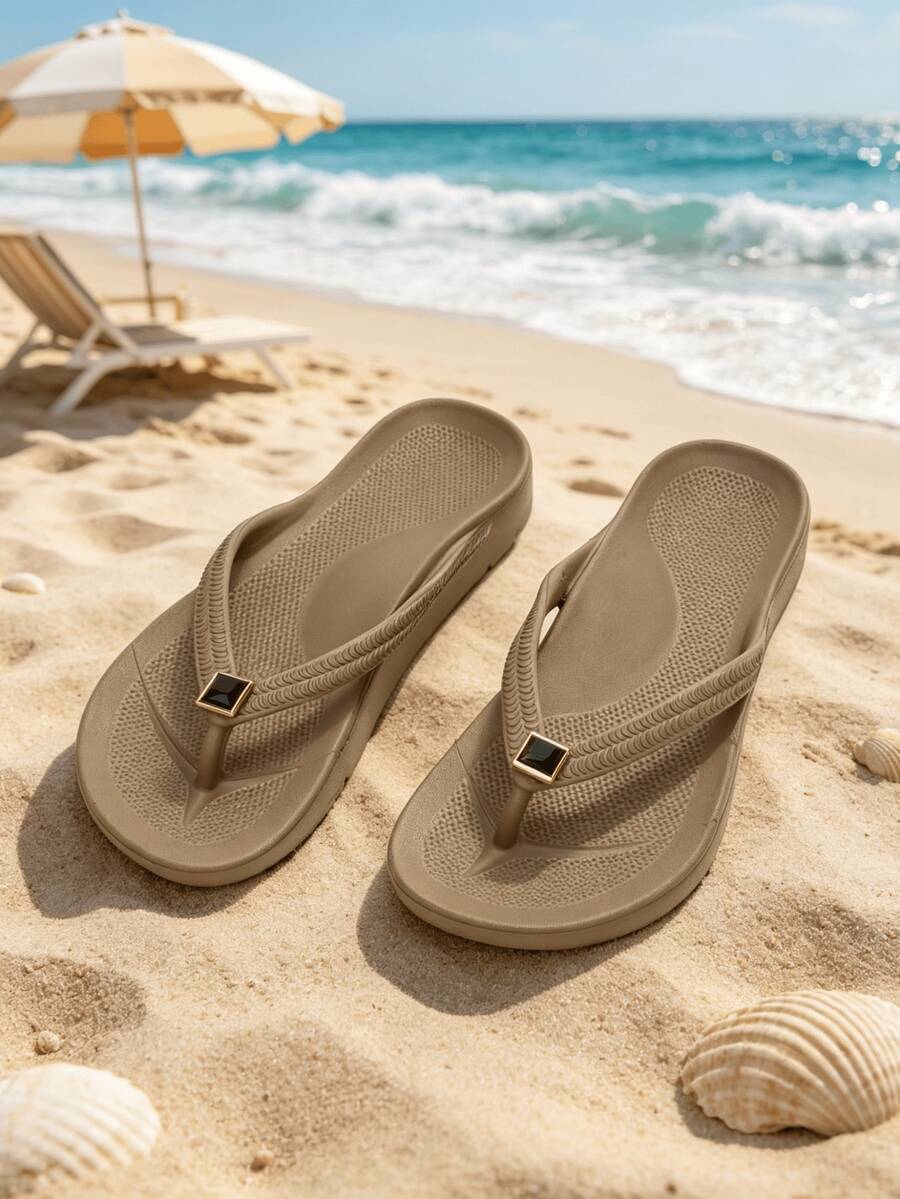 Unisex Arch Support Solid Color Beach Flip Flops, Neutral Vacation Home Wear For Spring Summer Autumn, Women