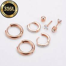 High Quality 6pcs/Set 316L Stainless Steel Hoop Earrings, Gold/Black/Rose Gold/Silver, Elegant, Fashionable, Hypoallergenic Zirconia Stud Earrings, Lightweight Fit Earrings, Daily Wear Pierced Jewelry, Unisex Exquisite Earrings - Multicolor - View 6