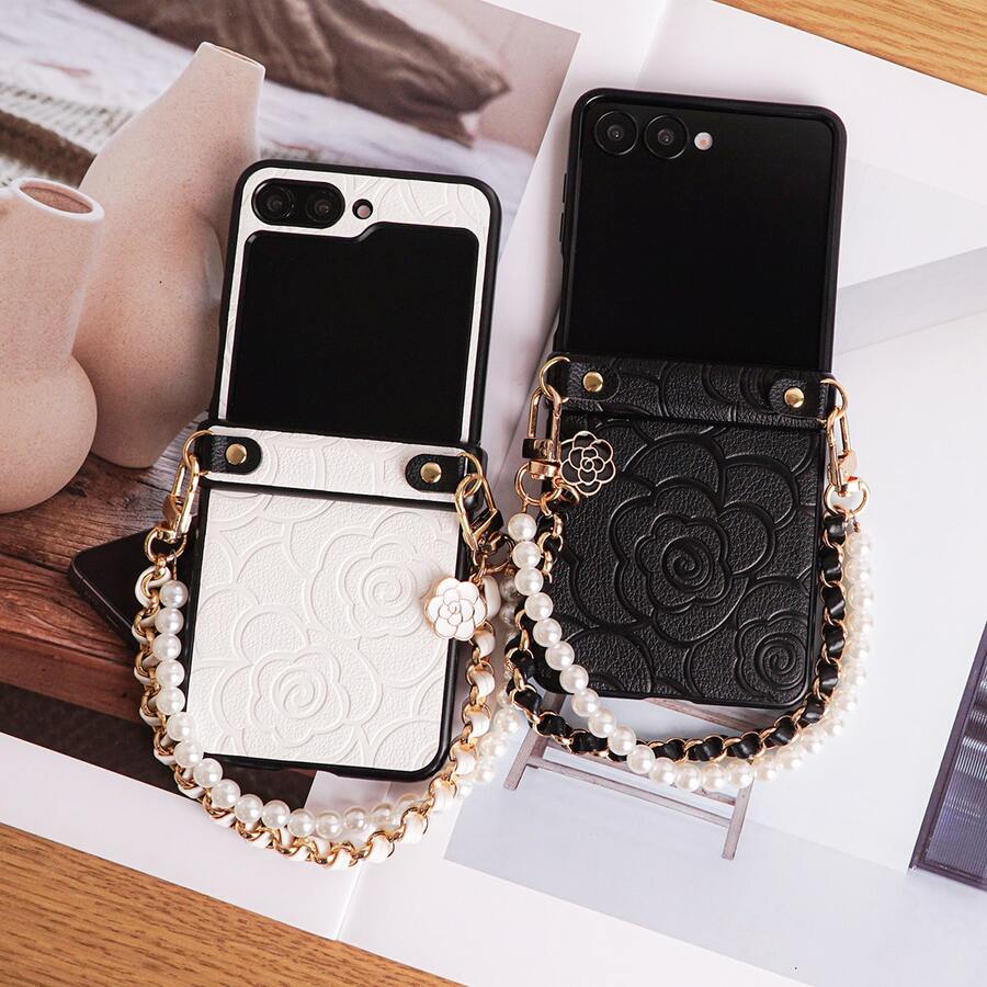 Luxurious Embossed Carved Embossed Floral Pattern Faux Leather Folding Phone Case With Hinge Protection Strap 1pc Faux Leather Pearl Floral Bracelet Phone Lanyard Compatible With Samsung Galaxy Z Flip 8/7/7FE/6/5/4 5G Foldable Phone Protective Cover - White - View 1