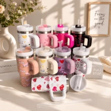 600ml Thermal Mug With Handle, Lid And Straw – Flower Print 1866-600ml - 隨機的 - 查看 2