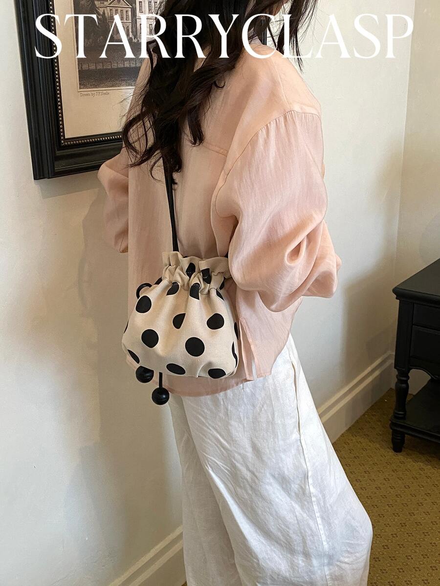 Polka Dot Drawstring Small Bag With Bead Decoration, Vintage Style Casual Versatile Crossbody Small Bag - Black - View 1