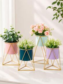 1pc/Set Creative Metal Plant Pot With Gold Geometric Stand, Vintage Style Succulent Planter, Large Desktop Flower Pot, Suitable For Balcony, Living Room, Office, Home Garden Decoration - Multiple Styles - View 1