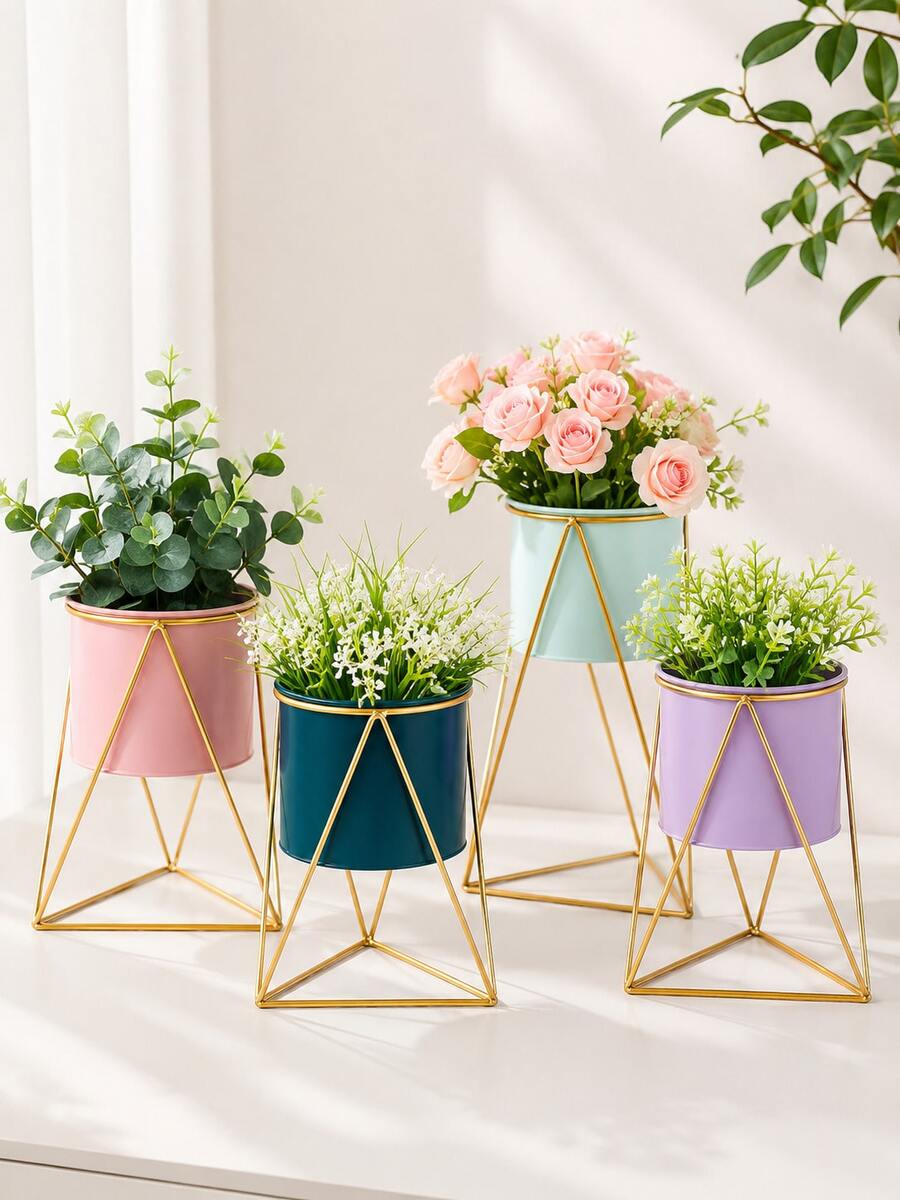 1pc/Set Creative Metal Plant Pot With Gold Geometric Stand, Vintage Style Succulent Planter, Large Desktop Flower Pot, Suitable For Balcony, Living Room, Office, Home Garden Decoration - Multiple Styles - View 1