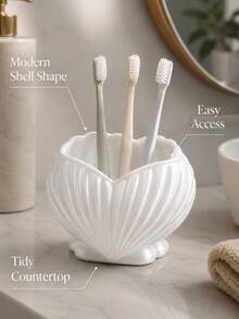 1pc White Pearl Luster Shell Shaped Toothbrush Holder, Modern Bathroom Countertop Toothbrush & Toothpaste Storage Rack, Cute Vanity Oral Care Storage Cup, Decorative Sink Accessory, Toothbrush Holder, Bathroom Accessory - Multicolor - View 6