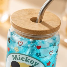 【官方授權】Disney 米奇 16oz 罐狀玻璃杯，附竹製杯蓋與吸管，經典永恆卡通保溫杯，可愛復古冰咖啡飲用杯，適合兒童、成人與 Disney 粉絲的禮物 - 彩色 - 查看 4