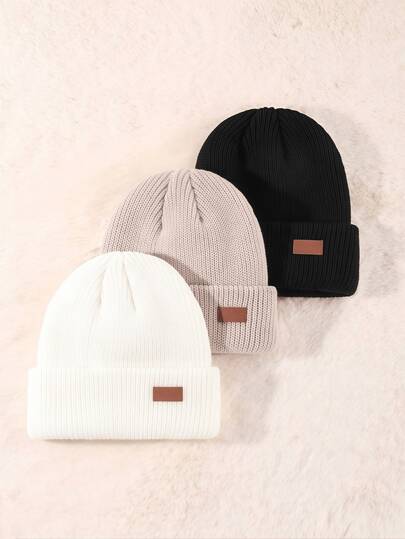 1/3 Pack Unisex Leather Patch Skull Beanie Knit Hat Rolled Brim Hat Men's Outdoor Autumn Winter Apparel (Mixed Colors)