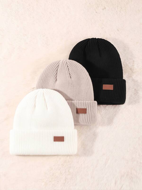 1/3 Pack Unisex Leather Patch Skull Beanie Knit Hat Rolled Brim Hat Men's Outdoor Autumn Winter Apparel (Mixed Colors)
