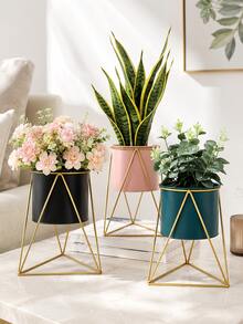 1pc/Set Creative Metal Plant Pot With Gold Geometric Stand, Vintage Style Succulent Planter, Large Desktop Flower Pot, Suitable For Balcony, Living Room, Office, Home Garden Decoration - Multiple Styles - View 2
