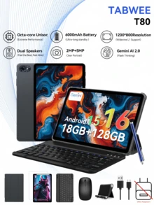 TABWEE 最新款 10.5 英寸 Android 16 平板电脑，14(6+8)GB 内存 + 128GB/2TB TF 存储，5G WiFi，2.0GHz CPU，5MP 摄像头，6000mAh 电池，GMS 认证（不含适配器） - 灰色 - 查看 2