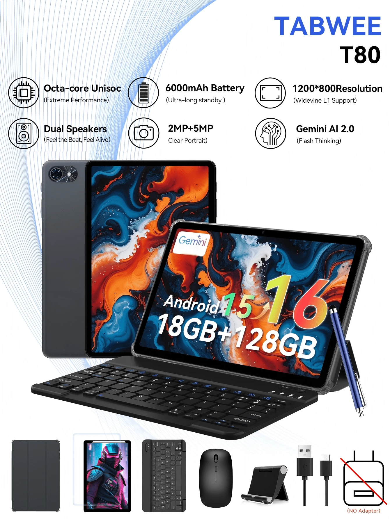 TABWEE 最新款 10.5 英寸 Android 16 平板电脑，14(6+8)GB 内存 + 128GB/2TB TF 存储，5G WiFi，2.0GHz CPU，5MP 摄像头，6000mAh 电池，GMS 认证（不含适配器）