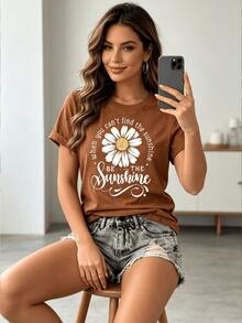 Women's Cotton Blend T Shirt  Short Sleeved Soft Loose Fit Daisy Print T Shirt With 'Be The Sunshine' Quote Lightweight Stretch Top Suitable - 摩卡棕 - 查看 2