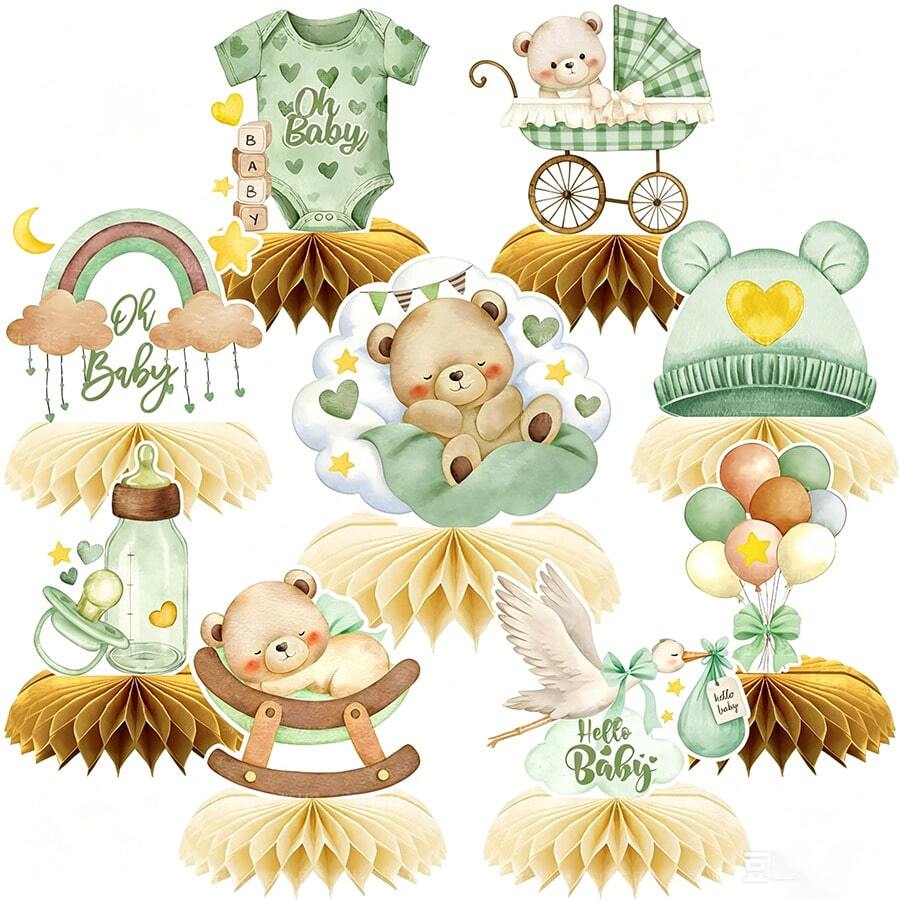9pcs/Set Vintage Bear Baby Party Decoration Supplies Honeycomb Ornaments Children Birthday Tabletop Honeycomb Centerpiece - Multicolor - View 1