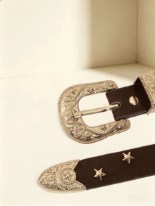 1pc Casual Vintage Style Floral Carved Metal Brown PU Women's Belt, Suitable For Jeans, Casual Pants, Daily Wear, Fashion Style, Outdoor Activities, Western Gatherings, Valentine's Day, Halloween, Music Festivals, Women, Mothers, Gifts, Birthdays, Vintage, Travel, All Season Outfits, Vacation - Star-shaped Coffee-colored Suede - View 3