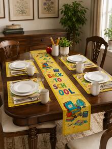 1 pieza - Camino de mesa de temporada escolar con manteles individuales a juego, decoración de mesa con estampado de libros, manzana y autobús amarillo brillante, juego de comedor de vuelta al colegio para cocina, aula y fiesta - Multicolor - Ver 7