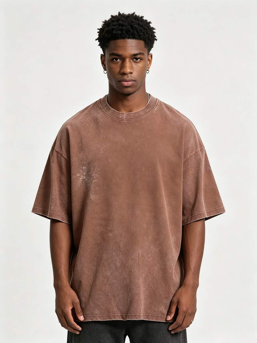 Vintage Distressed Washed Gray Black Short-Sleeved T-Shirt Loose Fit, Essential, And Versatile Streetwear Top DG004 - Coffee Brown - View 1