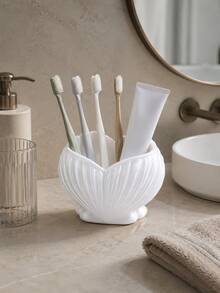 1pc White Pearl Luster Shell Shaped Toothbrush Holder, Modern Bathroom Countertop Toothbrush & Toothpaste Storage Rack, Cute Vanity Oral Care Storage Cup, Decorative Sink Accessory, Toothbrush Holder, Bathroom Accessory - Multicolor - View 2