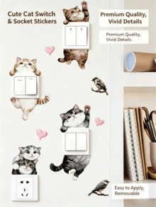 A Set Of Cartoon Probe Cute Cat Switch Socket Wall Stickers, Featuring Adorable Kittens, Little Birds, And Heart Patterns. Self-Adhesive And Removable PVC Stickers, Mix And Match Freely, DIY Decoration For Living Room And Bedroom Switch Panels. - ZC2508-30*30 - View 6