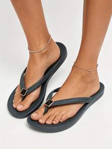 Chanclas de playa unisex con soporte de arco de unicolor, sandalias neutras para vacaciones para playa y hogar, primavera verano otoño - Flor de zapato de diamante negro azul marino - Ver 6