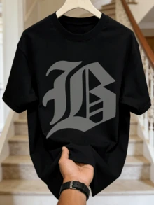 Men's Summer Casual Soft Round Neck Short Sleeve-Shirt,Gothic Letter B Print Graphic Daily Wear. - Black - View 4