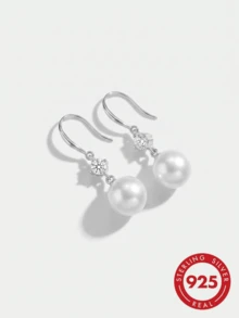 White Gold Plated S925 Silver CZ And Faux Pearl Drop Earrings, Elegant Vintage Hypoallergenic Accessories With Gift Box For Women - White Gold - View 1