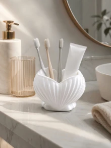 1pc White Pearl Luster Shell Shaped Toothbrush Holder, Modern Bathroom Countertop Toothbrush & Toothpaste Storage Rack, Cute Vanity Oral Care Storage Cup, Decorative Sink Accessory, Toothbrush Holder, Bathroom Accessory - Multicolor - View 3
