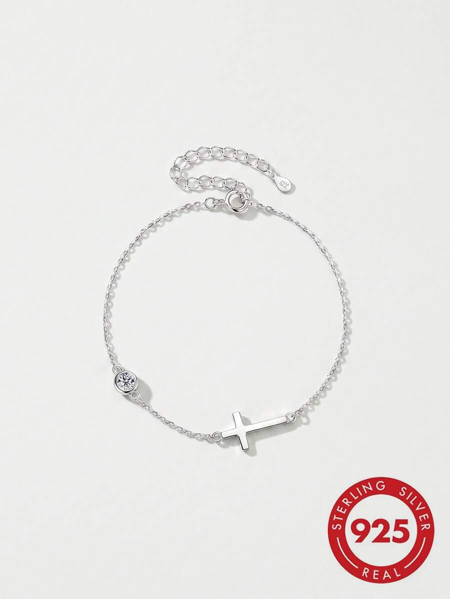Minimalist Thin Cross S925 Silver Bracelet, Single Round Cubic Zirconia Stackable Fine Jewelry For Daily Party All Season Wear - Silver - View 1