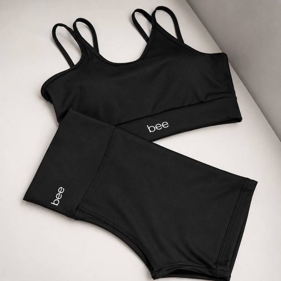 Fitness Set: Gym Shorts, Cropped Top, Bee Zero, Transparency, Comfortable - Black - View 1
