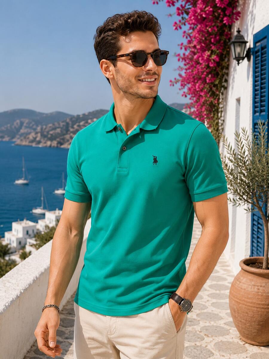 Men's Knight Print Short Sleeve Casual Commuter Polo Shirt - Green - View 1