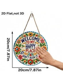 1 pieza Bienvenida a mi lugar feliz colgante de puerta, decoración de pared redonda floral vintage, estilo granja pastoral decoración del hogar, impresión plana 2D no 3D, alternativa de corona para decoración de entrada de jardín porche exterior interior, letrero de puerta principal, estilo rústico campestre, primavera verano patio balcón entrada regalo de inauguración de casa decoración de granja fiesta de vacaciones acento colgante temático decoración de pared placa - Multicolor - Ver 13
