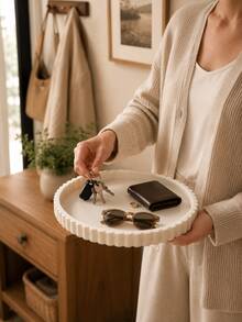 1 pieza Bandeja de tocador redonda con borde ondulado color crema blanco, caja de almacenamiento elegante para joyas, fragancias y velas, decoración moderna para escritorio del hogar, encimera de baño y exhibición de fragancias del hogar, organizador de cajones, decoración de habitación, almacenamiento de joyas, estante de joyas, regalo - Multicolor - Ver 8