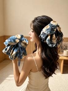 topshiny 1pc Women's Large Floral Print Flower Bow Ponytail Claw Clip, Layered Fabric Hair Clip With Long Ribbon Tail, Elegant Ponytail Hair Accessory - Multicolor - View 7