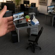 Dollhouse Mini Office Desk Set Miniature Decor, Includes Computer Desk, Chair, Monitor, Keyboard, Books, Plants And Notebook Miniature Models, Mini Office Scene Decoration, Miniature Scene Photography Props - one-size - View 5