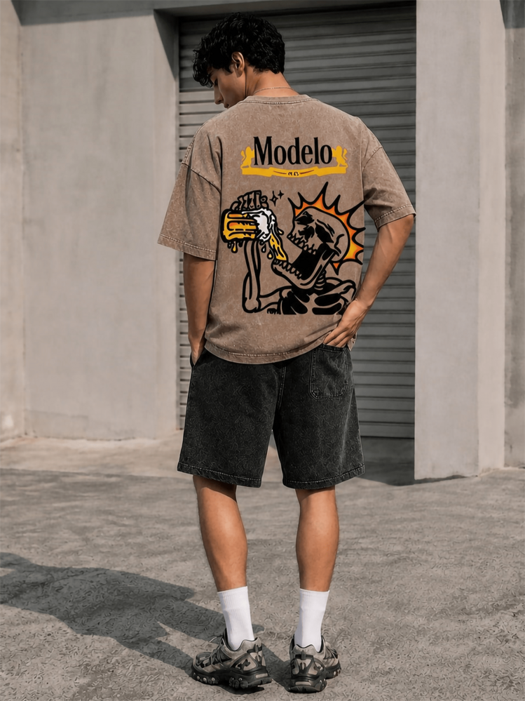Y2K Modelo Beer Skeleton Graphic Men's T-Shirt Vintage Streetwear Heavyweight Cotton Oversized Casual Summer Tee - 咖啡棕 - 查看 2
