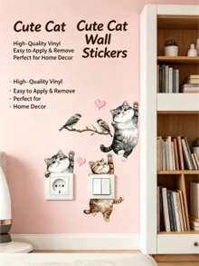 A Set Of Cartoon Probe Cute Cat Switch Socket Wall Stickers, Featuring Adorable Kittens, Little Birds, And Heart Patterns. Self-Adhesive And Removable PVC Stickers, Mix And Match Freely, DIY Decoration For Living Room And Bedroom Switch Panels. - ZC2508-30*30 - View 9