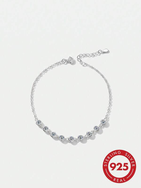 Elegant Minimalist Round CZ S925 Silver Bracelet, Stackable Luxury Fine Jewelry For Daily Travel Party Anniversary Wear