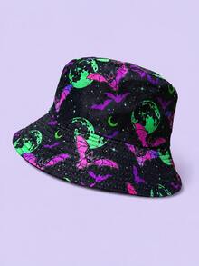 1pc Men's Reversible Halloween Print Bucket Hat, Black Lining, Pumpkin Ghost Bat Skull Pattern, Unisex Outdoor Party Sun Hat - Black - View 9