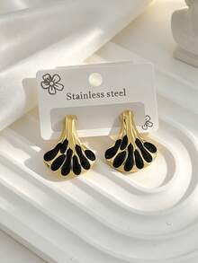 Vintage Fan-Shaped Color-Block Enamel Stainless Steel Earrings, Colorful Ginkgo Leaf Gold-Trim Exaggerated Stud Earrings, Women's Fashion Jewelry, Waterproof Hypoallergenic Elegant Daily Commute Party Gift Earrings - Multicolor - View 3