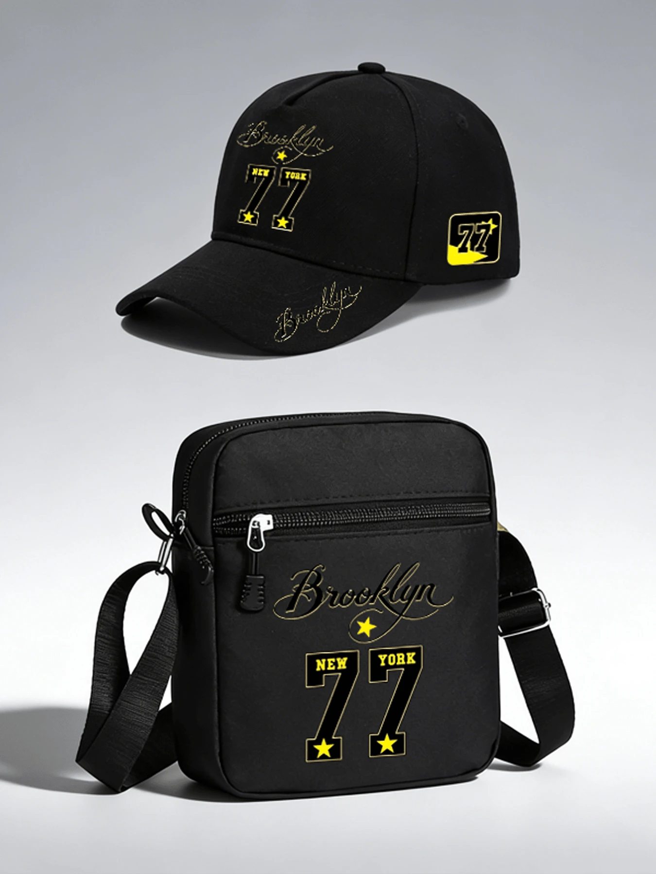 1pc/2pcs "Brooklyn 77" Personalized Number Pattern Design Printed Unisex Curved Brim Baseball Cap And Crossbody Bag, Street Fashion Outdoor Sports Baseball Cap And Bag, Adjustable, Gift For Yourself Or Friends - Multicolor - View 1