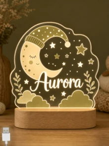 Luz nocturna LED con nombre personalizado, diseño de luna y estrellas dormilonas, lámpara de decoración del hogar personalizada - Multicolor - Ver 6