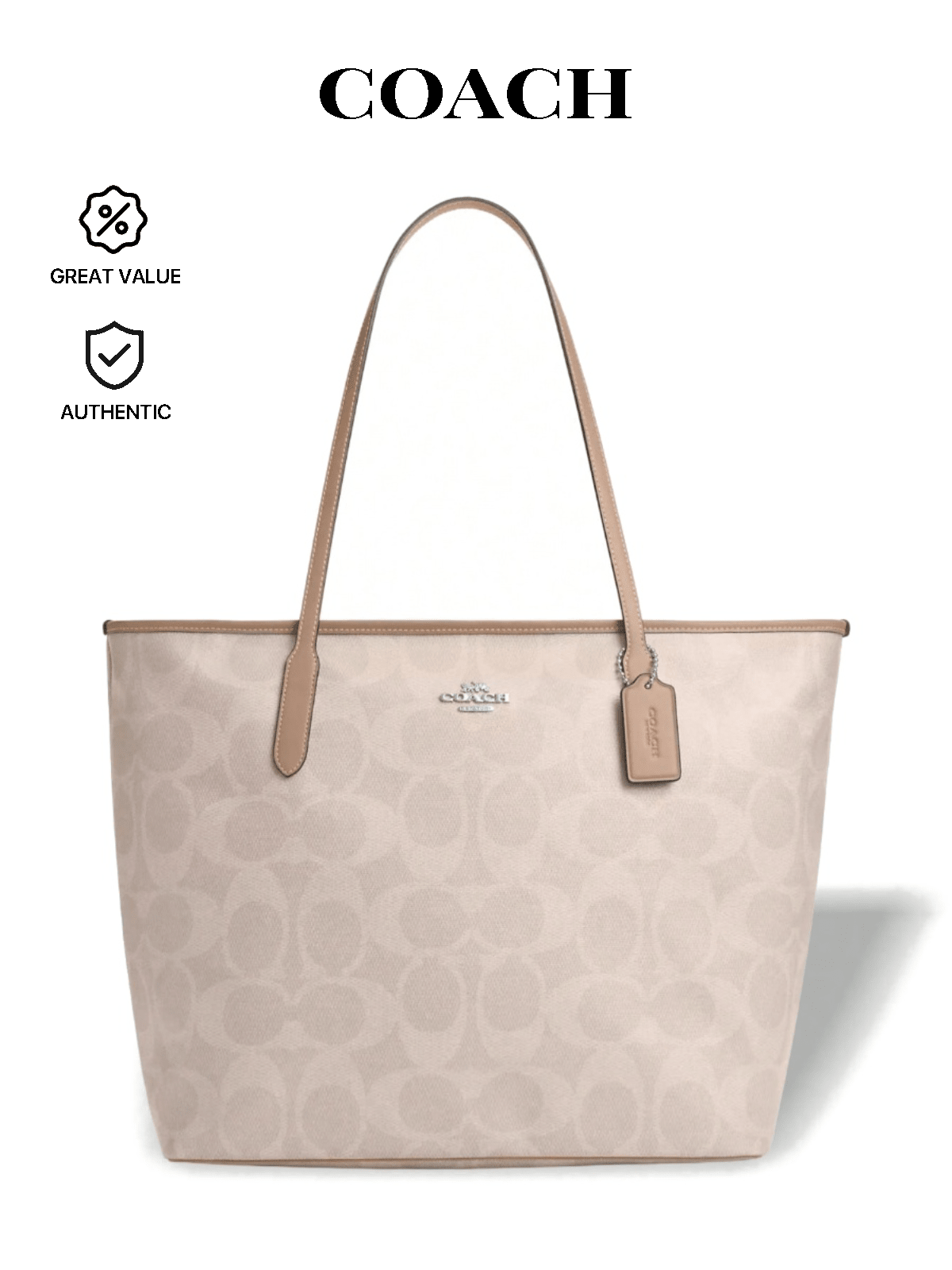 Coach Signature Canvas Women's Tote Bag Chalk Zip Closure Spacious