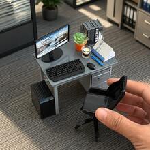 Dollhouse Mini Office Desk Set Miniature Decor, Includes Computer Desk, Chair, Monitor, Keyboard, Books, Plants And Notebook Miniature Models, Mini Office Scene Decoration, Miniature Scene Photography Props - one-size - View 4